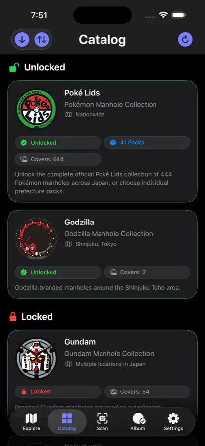 Manhole Quest Catalog screen with unlocked and locked collections