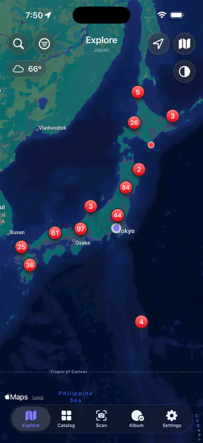 Manhole Quest Explore map showing clustered manhole cover locations across Japan