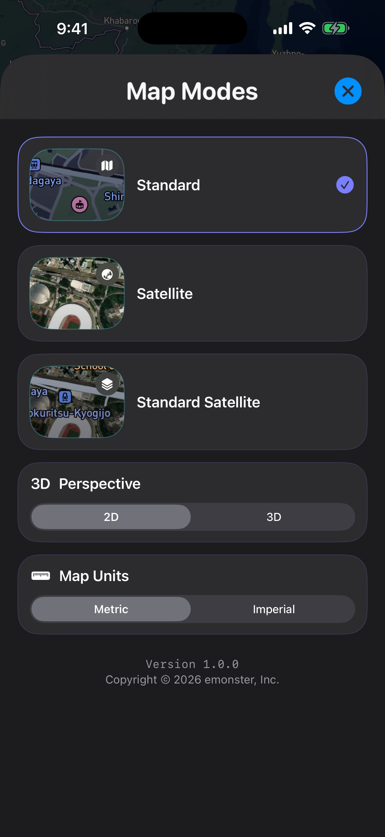 Manhole Quest map mode, perspective, and unit controls